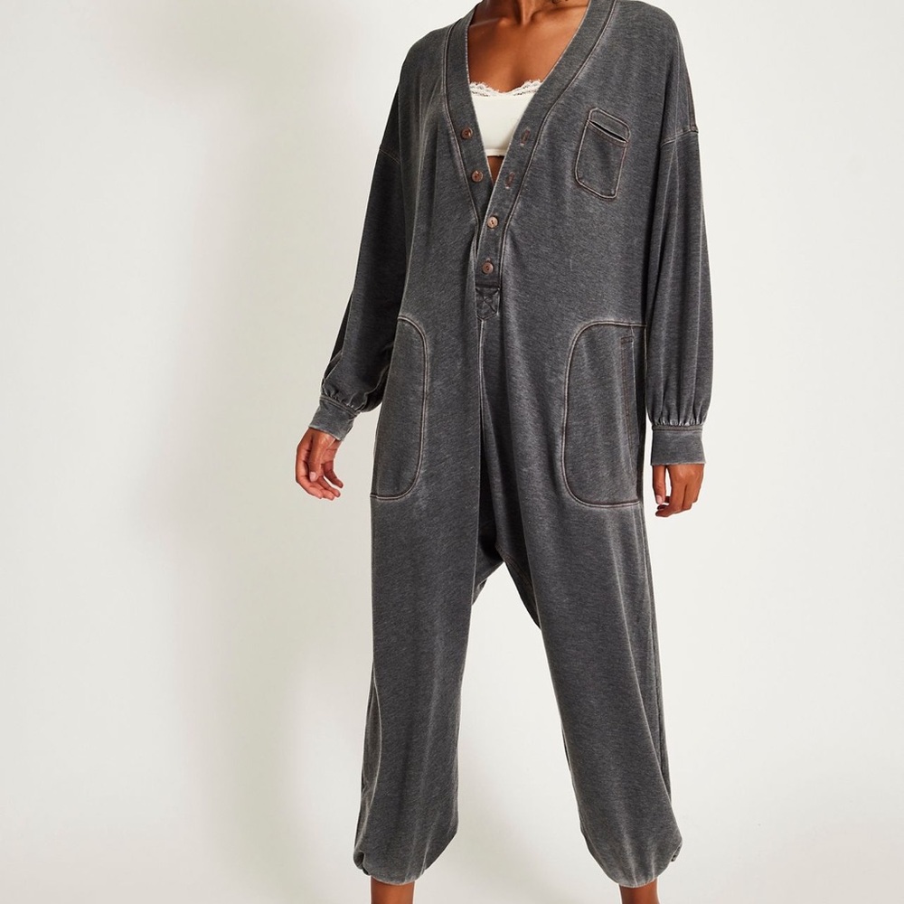 Free People Washed Charcoal V-Neck Jumpsuit with Contrast Stitching